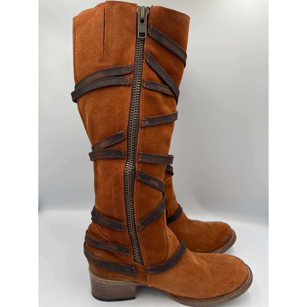 Freebird by Steven Coal Ice Suede Tall Strappy Buckle Boots Cognac Womens 8